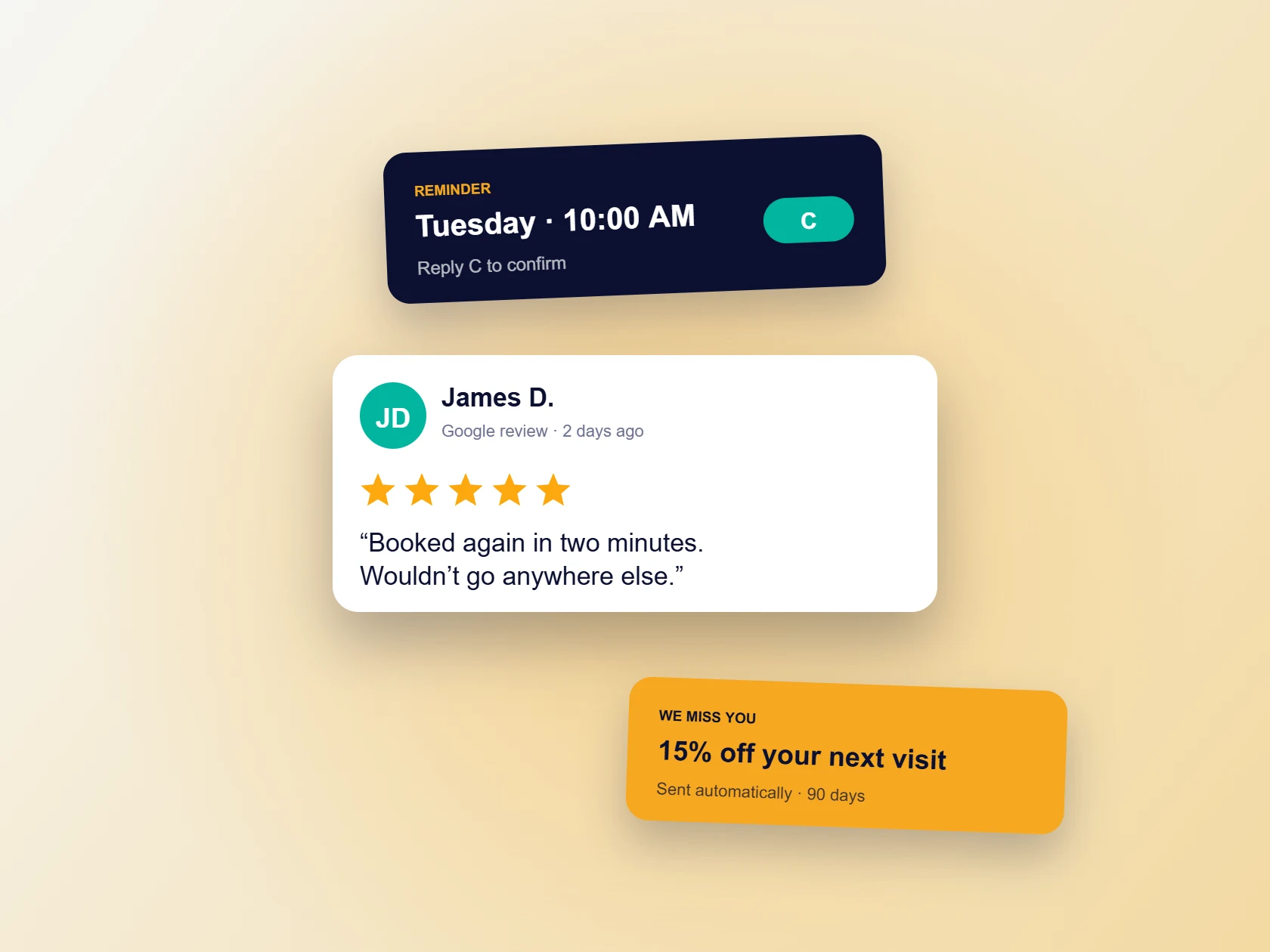 Appointment reminder, Google review and win-back offer